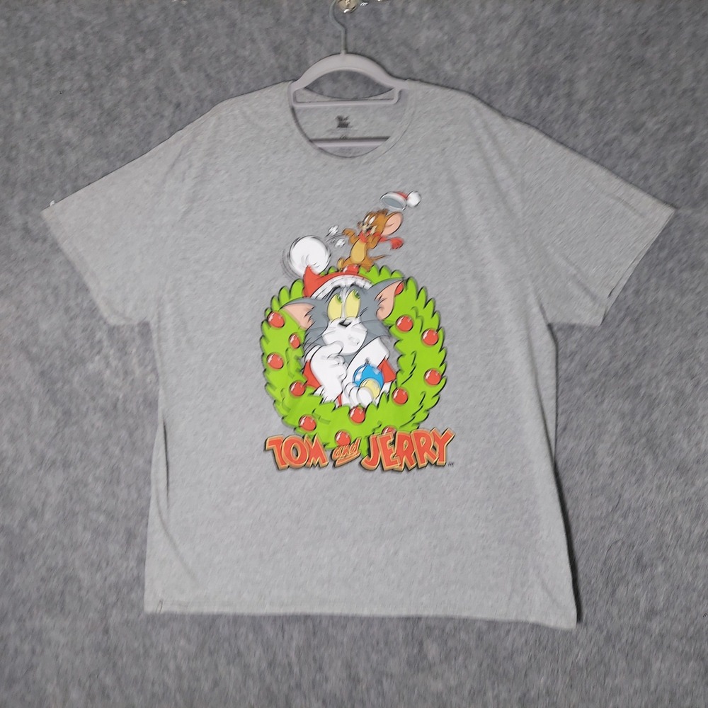 Tom And Jerry Men Christmas T Shirt 2Xl Gray Graphic Santa Holiday Short‎ Sleeve